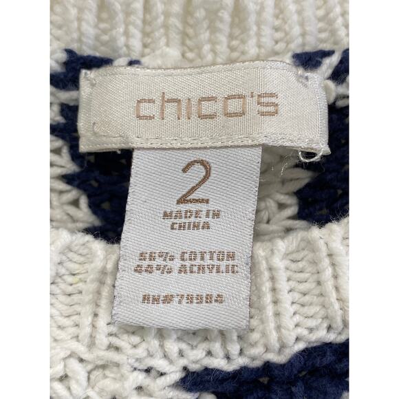 Chicos Ashlyn Striped Pullover Sweater Size L 2 Navy Nautical Flattering Ruched - Picture 2 of 7